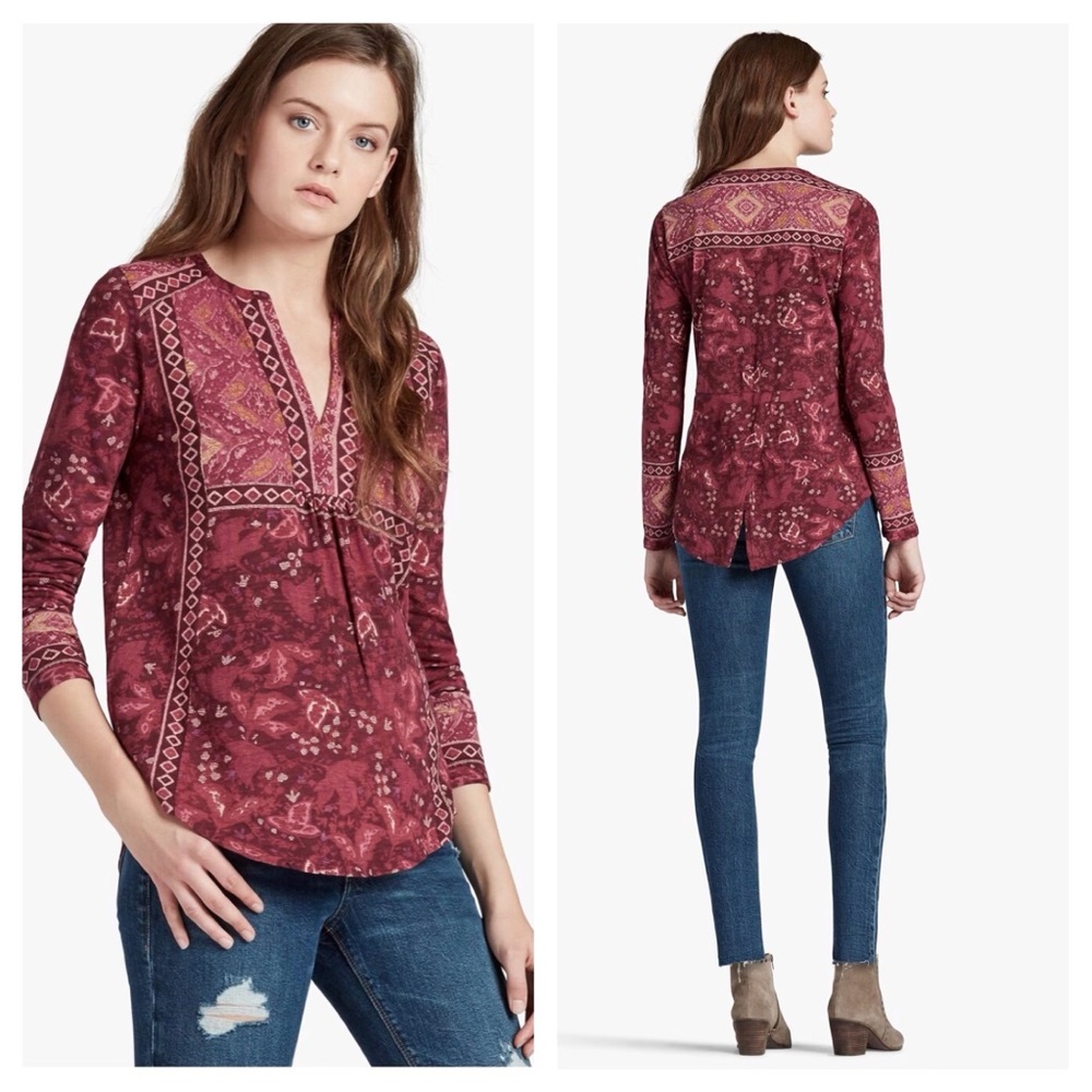 Lucky Brand Floral Print V-Neck Long Sleeve Top Womens Sz S Hippie Boho Peasant